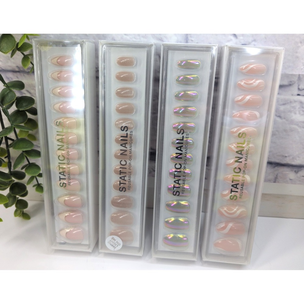 NEW LOT 4🩷Reusable Static Nails Pop Press On Ivory Almond Round Coffin French